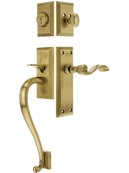 Fifth Avenue Entry Lock Set in Antique Brass Finish with Left-Handed Portofino Lever and